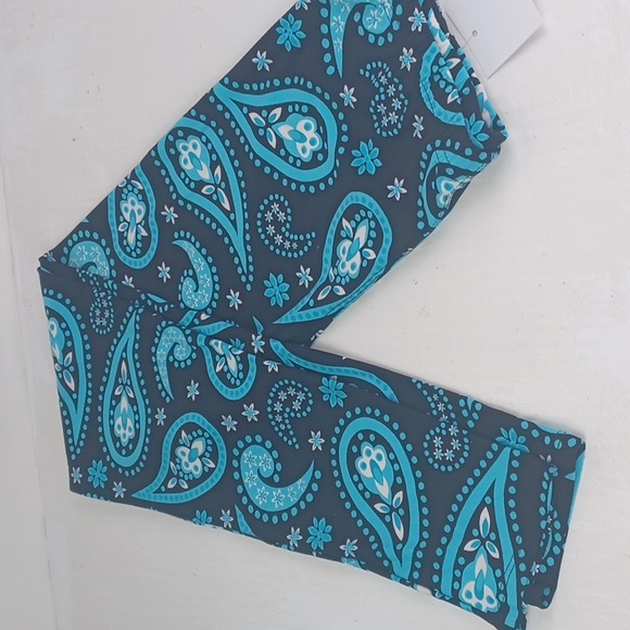Vibrant Black Turquoise & White Paisley Legging Lounge 8% Spandex Slacks SZ S - Picture 2 of 8